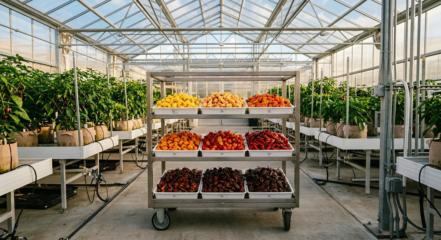 A harvest cart loaded with labelled trays in a greenhouse aisle
