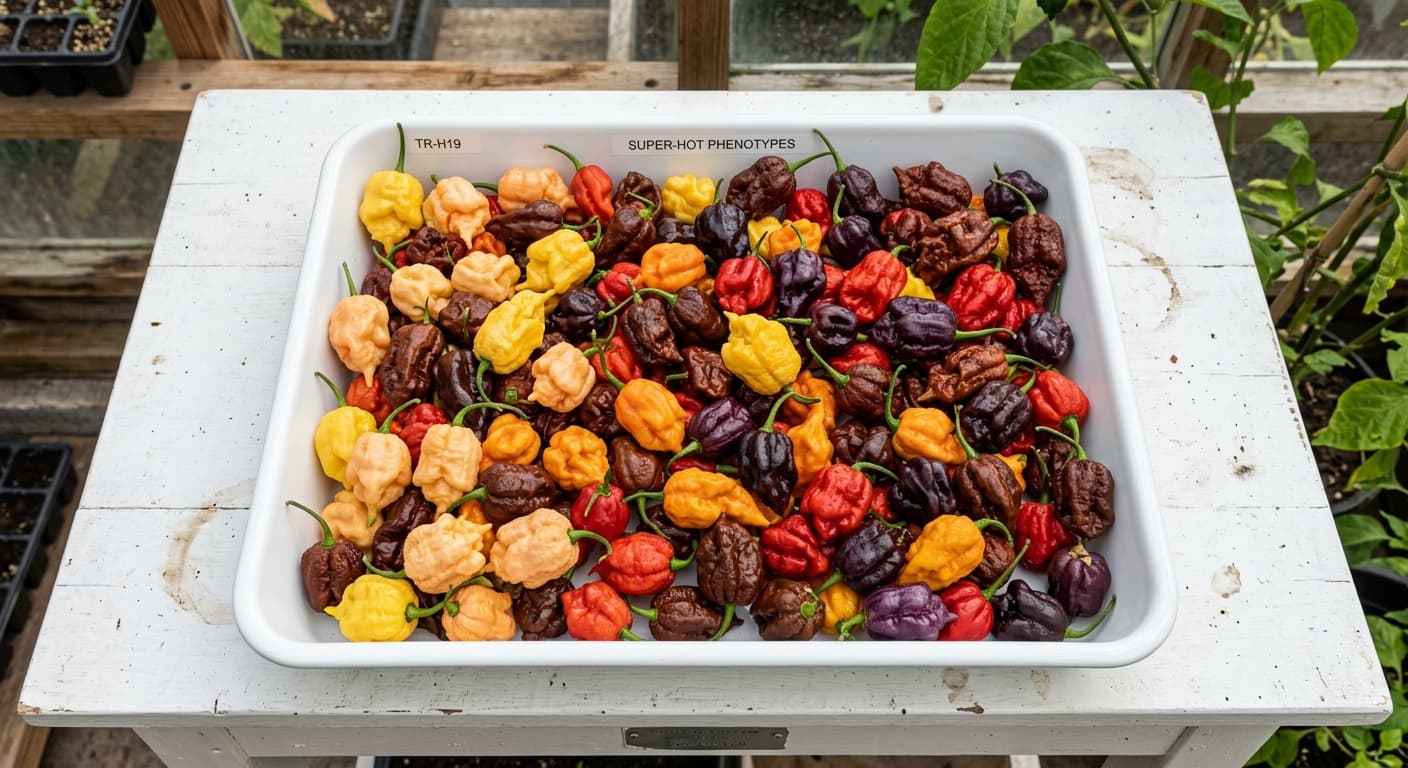 A harvest tray of sorted peppers photographed from above