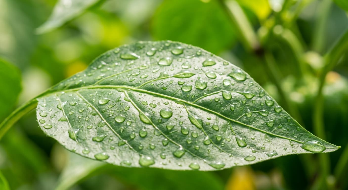 Close detail of a pepper leaf, veins picked out in raking light