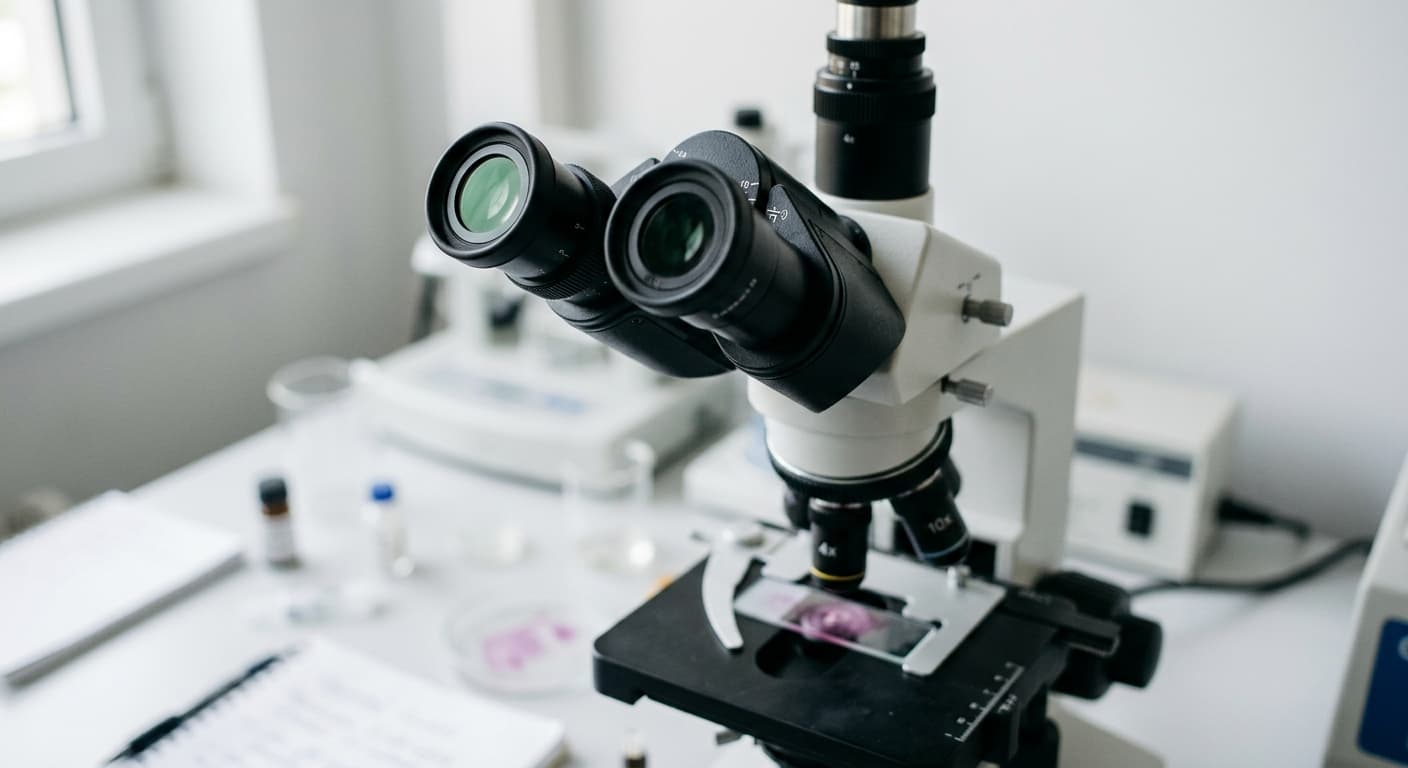 A microscope eyepiece and stage in a nursery laboratory, specimen slide mounted