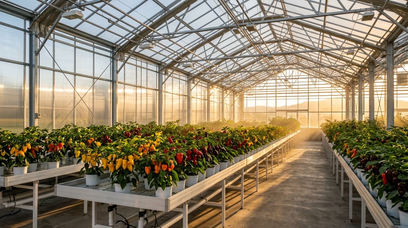 Early morning light falling across a nursery bench of young pepper plants