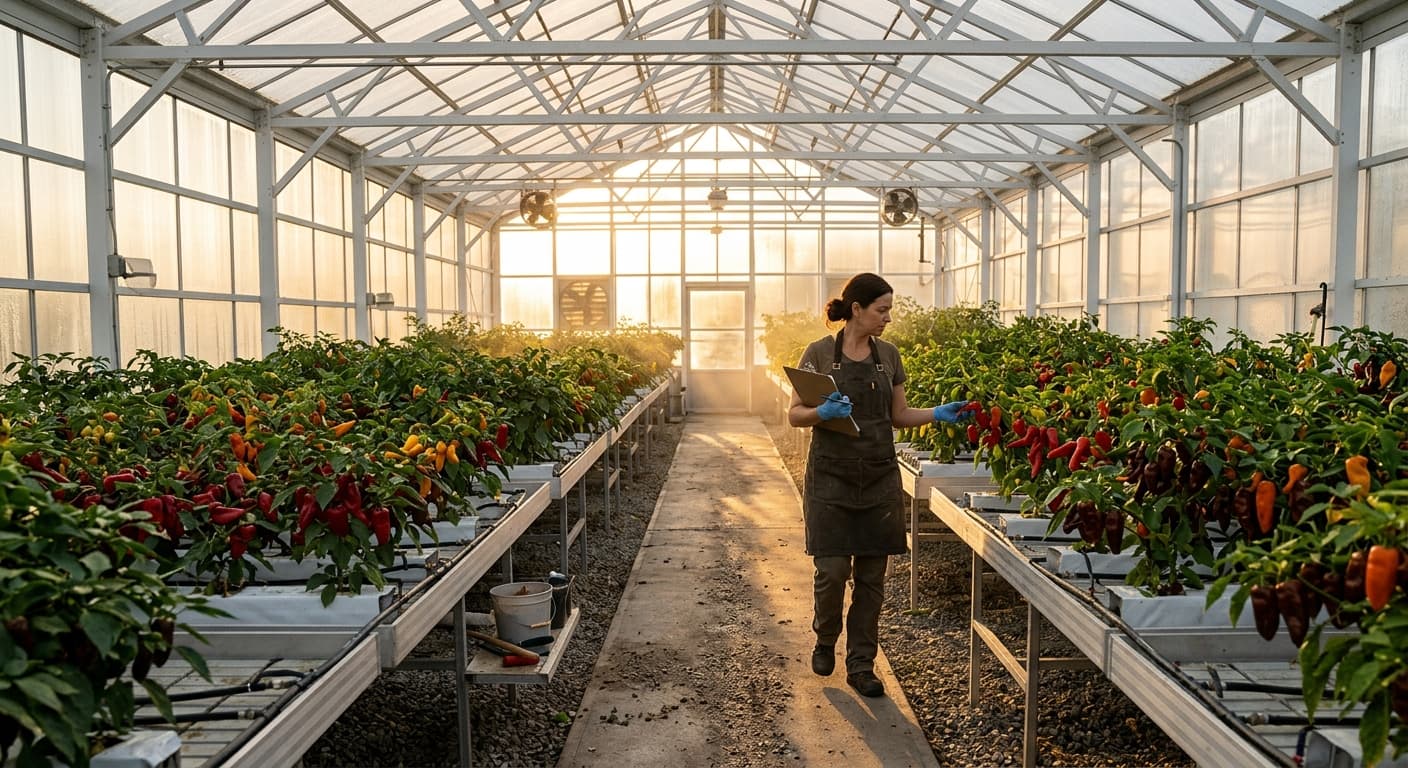 Morning inspection rounds along a greenhouse bench of young plants