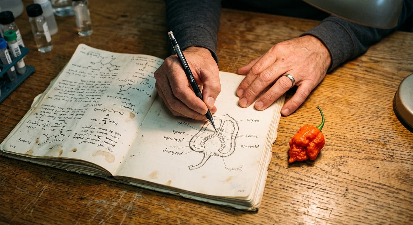 A design notebook open on a nursery bench, pepper sketches and pathway notes across the page
