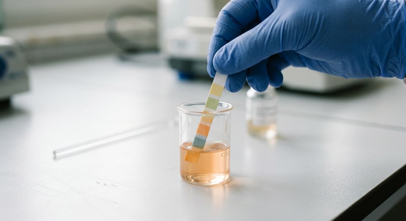 A pH test strip against a colour chart on a laboratory bench