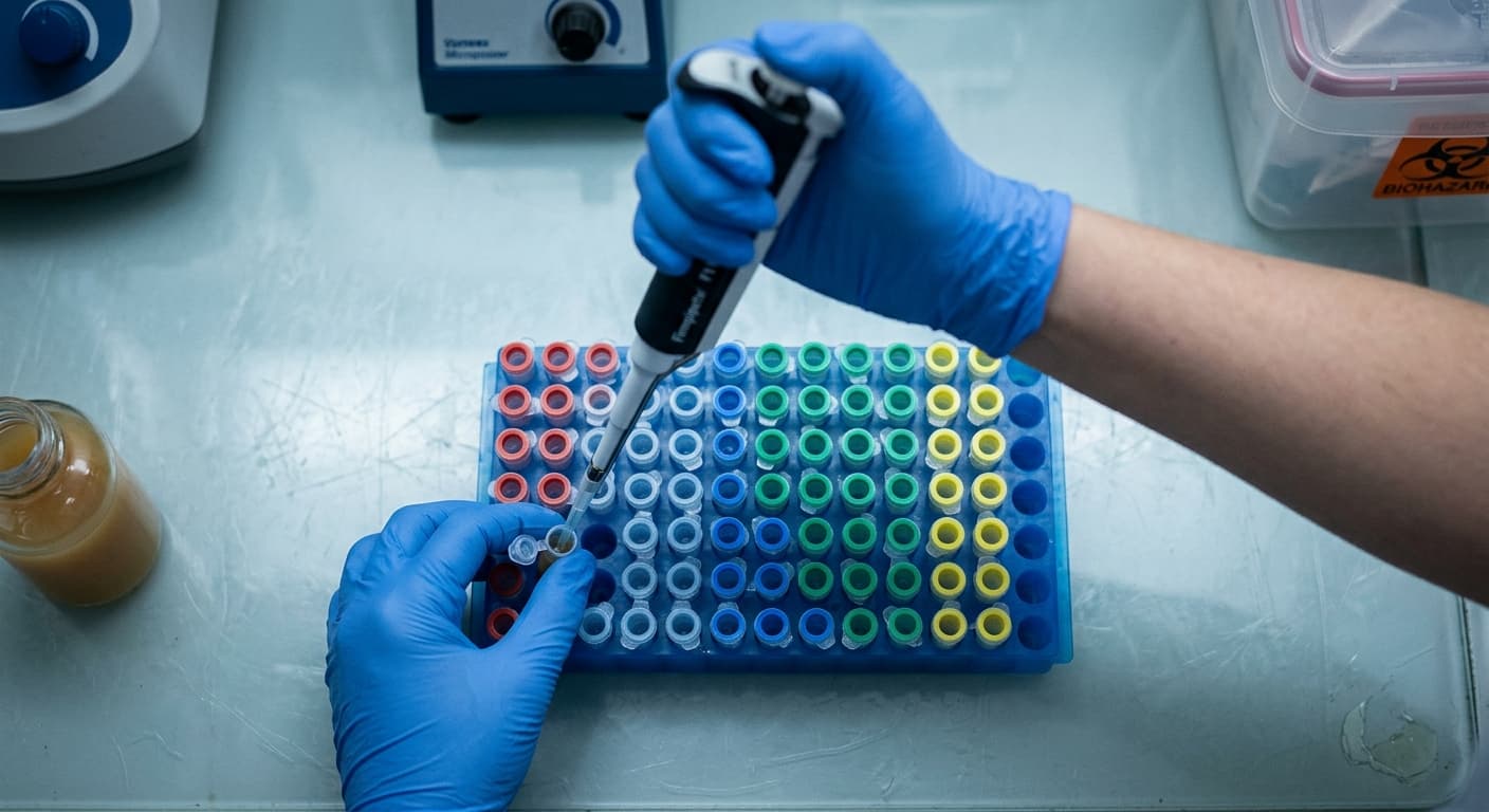 A researcher pipetting samples into a labelled plate