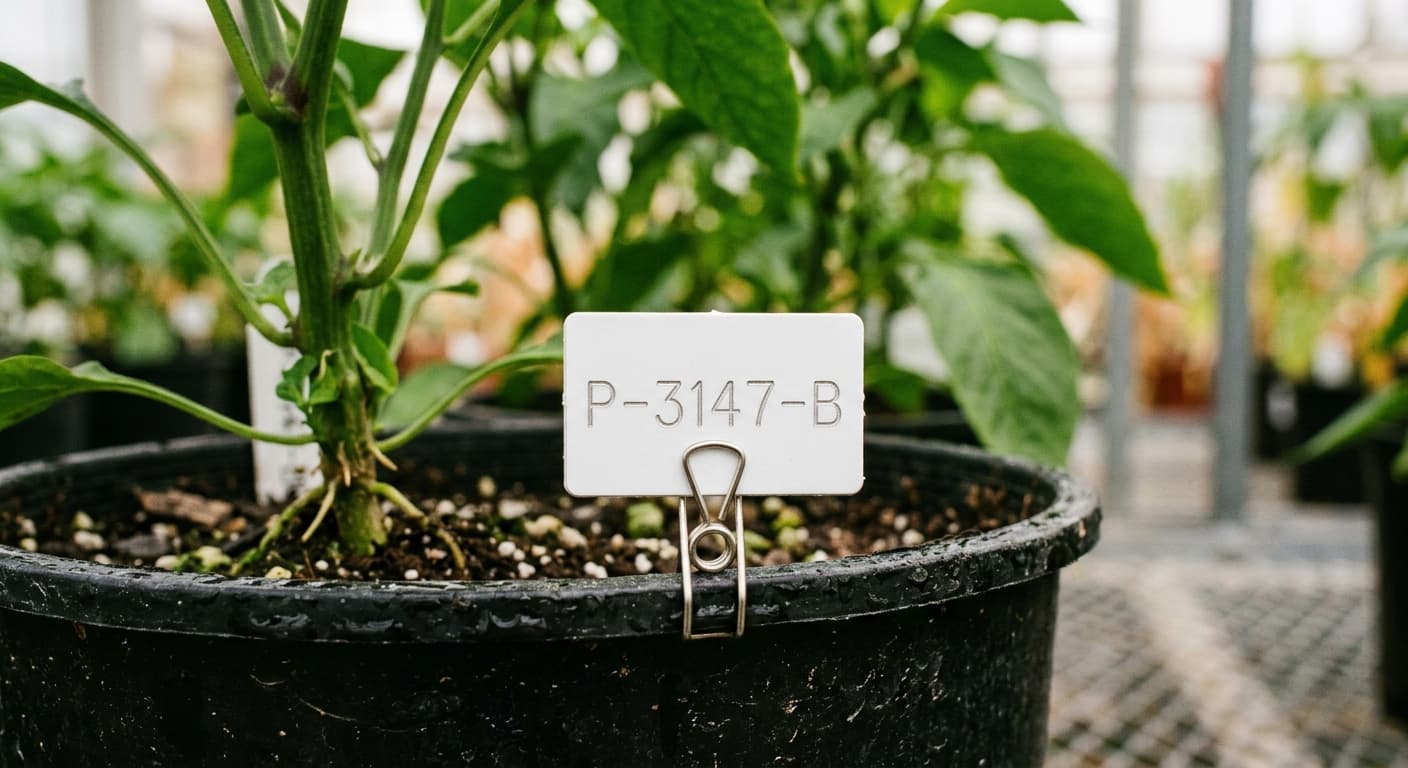 An identification placard labelling a cultivar row in a greenhouse