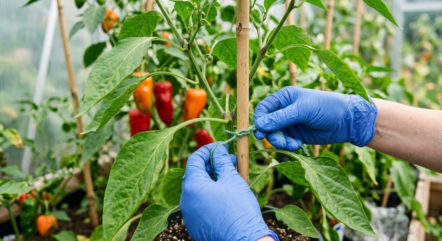 Support stakes running down a row of greenhouse pepper plants