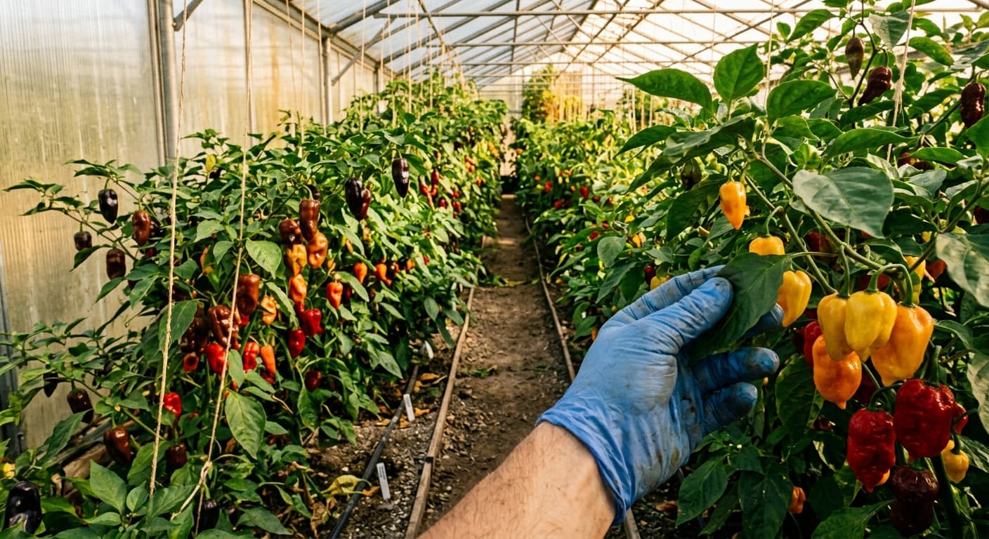 A long greenhouse row seen from between the plant beds