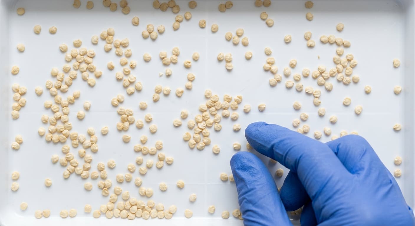 Gloved hands counting labelled seed into sealed vials at a nursery workbench