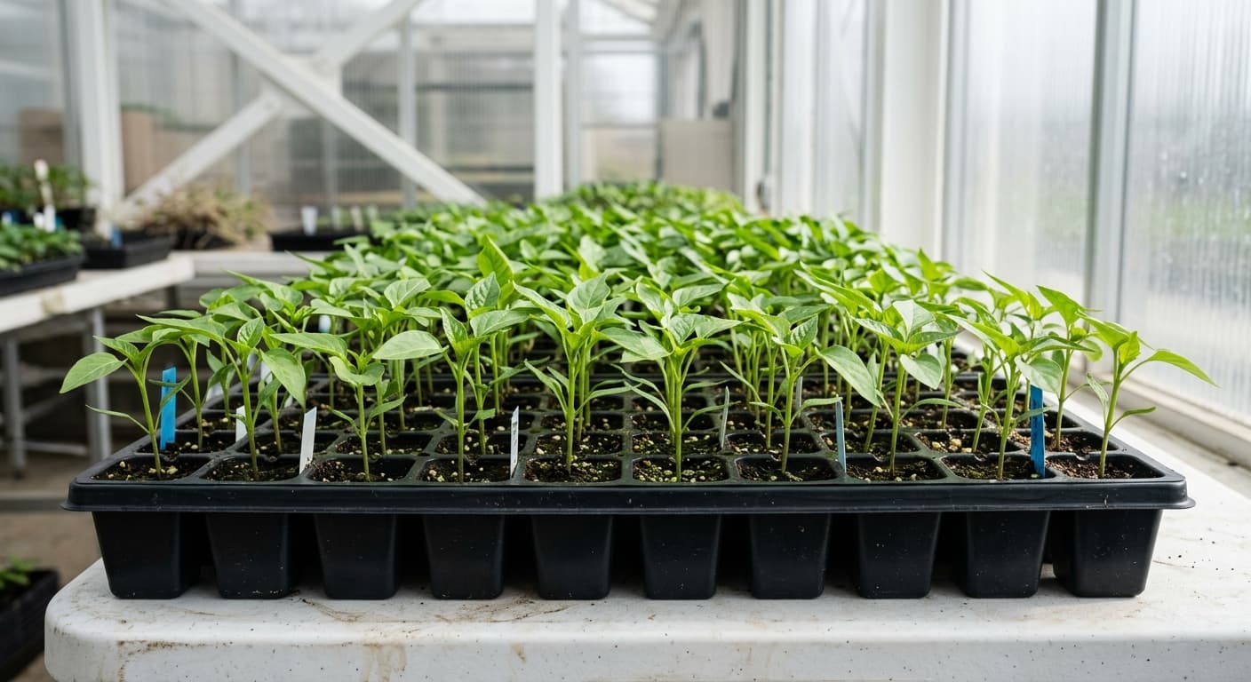 Rows of pepper seedlings in a propagation tray under grow lights