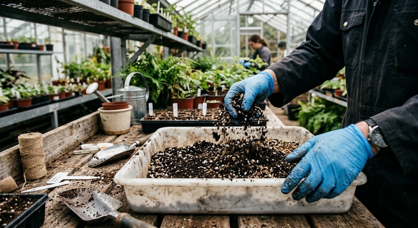 Potting medium being blended, layered textures in close view