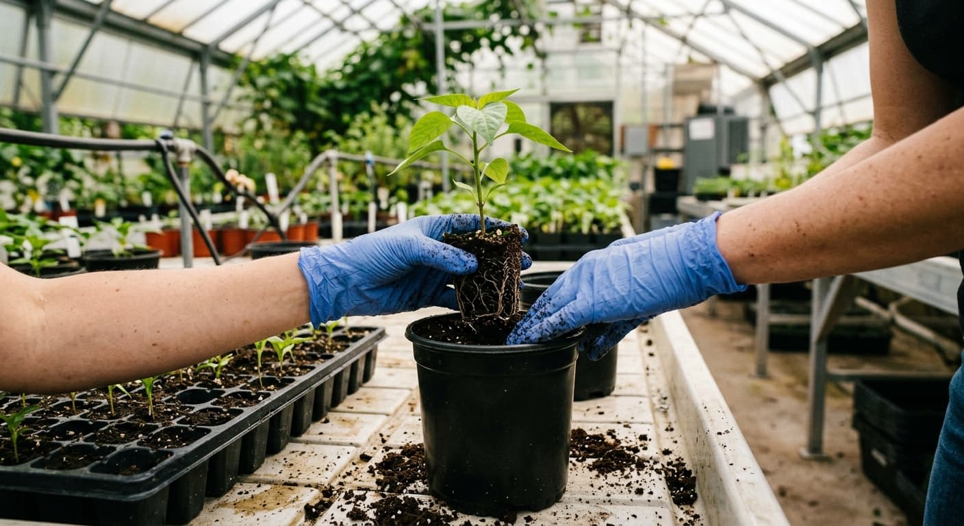 A seedling being transplanted by hand into fresh medium