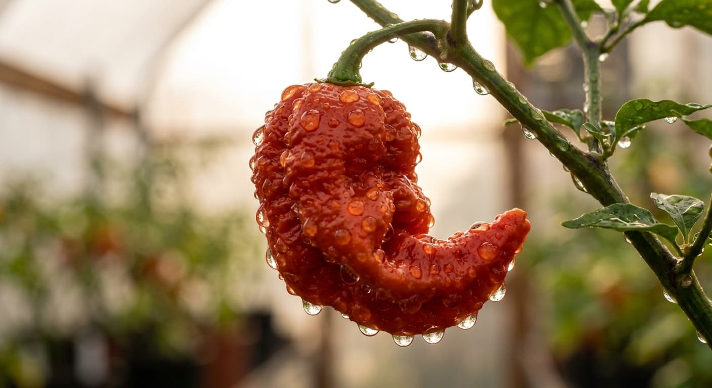 Water droplets beaded on the skin of a ripening pepper