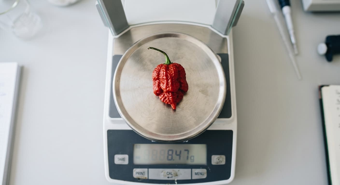 Harvested peppers being weighed on a bench scale