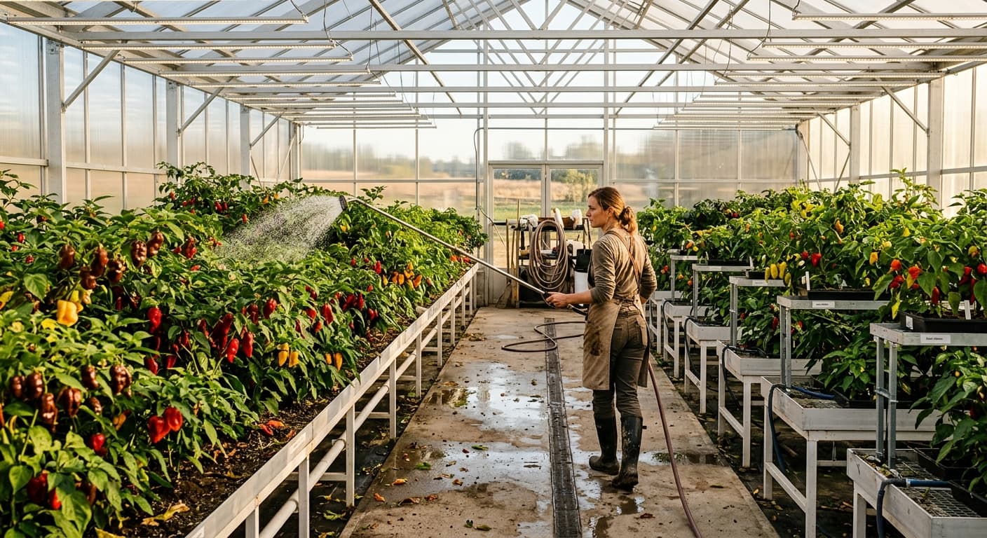 A nursery worker watering a row of young pepper plants
